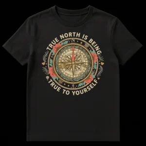 True North Is Being True To Yourself T-Shirt with vintage compass, nautical elements, and folk art flowers on a black background. on Black t-shirt