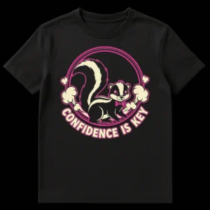 Cartoon skunk t-shirt with 'Confidence Is Key' text, humorously showing a confident skunk emitting puffs on Black t-shirt