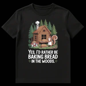 Whimsical t-shirt design with an anthropomorphic squirrel baking bread in a forest cabin, text says 'YES, I'D RATHER BE BAKING BREAD IN THE WOODS' on Black t-shirt