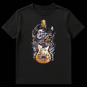 Electric guitar with skull and biomechanical elements t-shirt design for rock and metal music fans on Black t-shirt