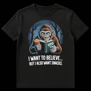 Bigfoot t-shirt with UFO book and french fries, 'I Want to Believe... But I Also Want Snacks' text on Black t-shirt