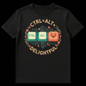 CTRL ALT DELIGHTFUL T-Shirt with keycaps and pixelated heart on black background on Black t-shirt