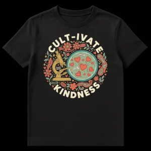 Retro-style 'CULT-IVATE KINDNESS' t-shirt with microscope, petri dish, and hearts, promoting positive message. on Black t-shirt