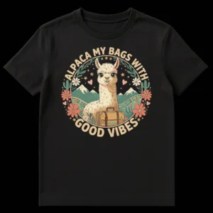 Alpaca My Bags With Good Vibes T-Shirt featuring a cute alpaca with a suitcase, mountains, and flowers on a black background. on Black t-shirt