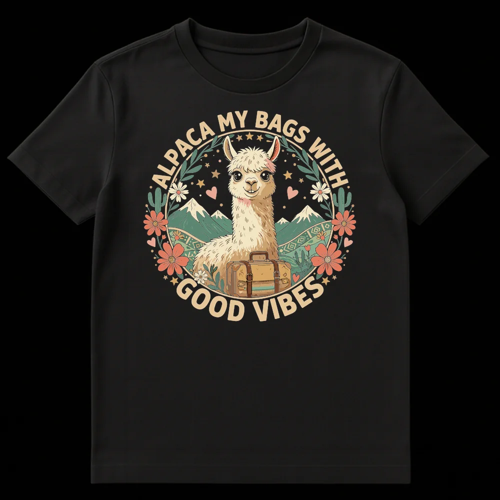Alpaca My Bags With Good Vibes T-Shirt featuring a cute alpaca with a suitcase, mountains, and flowers on a black background. on Black t-shirt