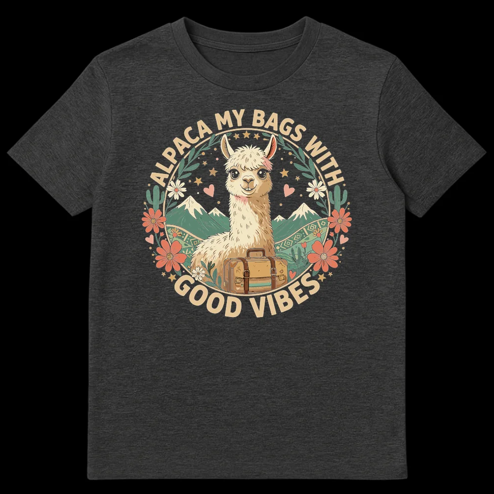 Alpaca My Bags With Good Vibes T-Shirt featuring a cute alpaca with a suitcase, mountains, and flowers on a black background. on Dark Heather t-shirt