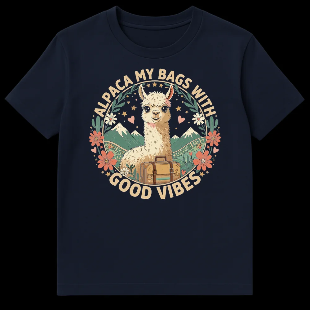 Alpaca My Bags With Good Vibes T-Shirt featuring a cute alpaca with a suitcase, mountains, and flowers on a black background. on Navy Blue t-shirt