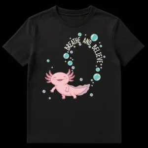 Cute cartoon axolotl t-shirt with 'Breathe and Believe' text, floating in bubbles on a black background on Black t-shirt