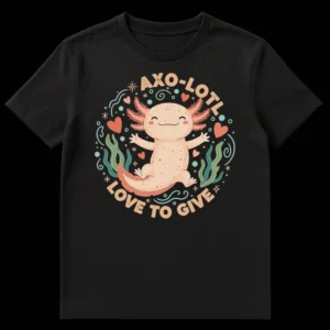 Cute Axolotl Love To Give T-Shirt, whimsical cartoon axolotl with outstretched arms surrounded by hearts and seaweed, light pastel colors on a black background on Black t-shirt