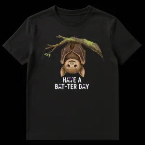 Cute cartoon bat hanging upside down on a branch with 'HAVE A BAT-TER DAY' text, featuring bat silhouettes replacing some 'A's. Image shows a friendly, brown bat on a green mossy branch against a black background. on Black t-shirt