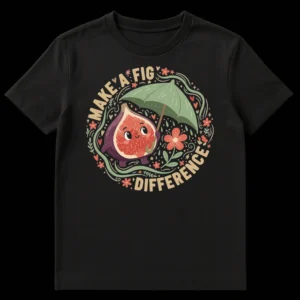 Anthropomorphic fig character t-shirt with 'MAKE A FIG DIFFERENCE' pun, green umbrella, and floral details on black background on Black t-shirt