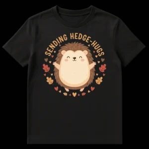 Cute cartoon hedgehog t-shirt design with text 'SENDING HEDGE-HUGS' and autumn leaves, representing a wholesome animal pun. on Black t-shirt