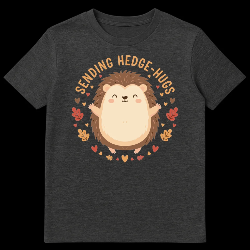 Cute cartoon hedgehog t-shirt design with text 'SENDING HEDGE-HUGS' and autumn leaves, representing a wholesome animal pun. on Dark Heather t-shirt