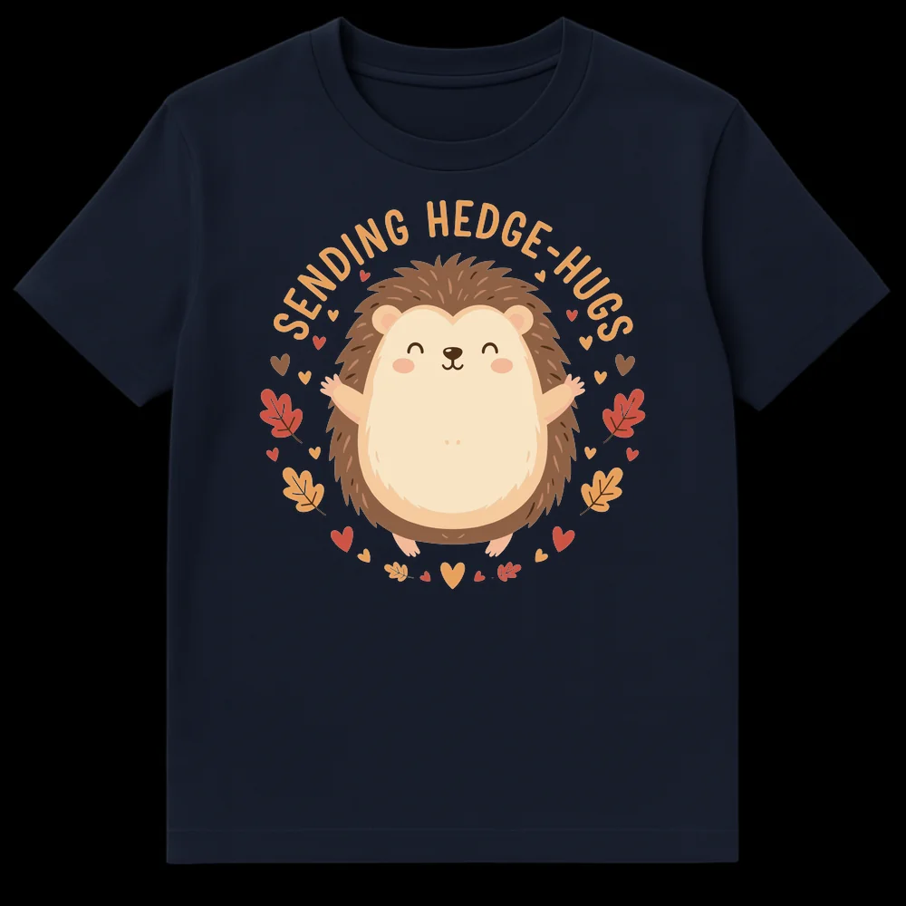 Cute cartoon hedgehog t-shirt design with text 'SENDING HEDGE-HUGS' and autumn leaves, representing a wholesome animal pun. on Navy Blue t-shirt