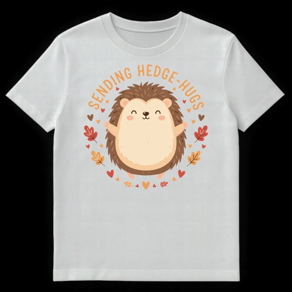 Cute cartoon hedgehog t-shirt design with text 'SENDING HEDGE-HUGS' and autumn leaves, representing a wholesome animal pun. on White t-shirt
