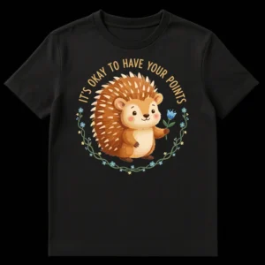 Cute hedgehog t-shirt with text 'IT'S OKAY TO HAVE YOUR POINTS' and floral wreath design on black background on Black t-shirt