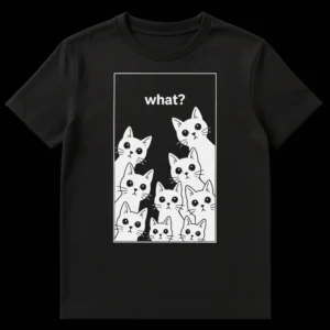 White t-shirt with black background border and eight cartoon cats peering in with 'what?' text at top, inspired by internet meme culture on Black t-shirt