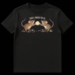 Two cartoon mice sharing a large piece of Swiss cheese with red berries and green leaves, and the text 'THERE'S ENOUGH FOR ALL' on a black t-shirt. on Black t-shirt