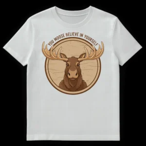 Cartoon moose on rustic plaque with 'YOU MOOSE BELIEVE IN YOURSELF' text, motivational wildlife t-shirt design on White t-shirt