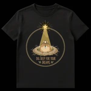 Cute groundhog miner with helmet digging for a star, with 'DIG DEEP FOR YOUR DREAMS' text on a black t-shirt. on Black t-shirt