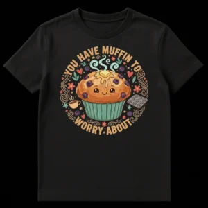 Cute anthropomorphic blueberry muffin t-shirt with 'YOU HAVE MUFFIN TO WORRY ABOUT' pun text, surrounded by coffee and baking elements on a black background. on Black t-shirt