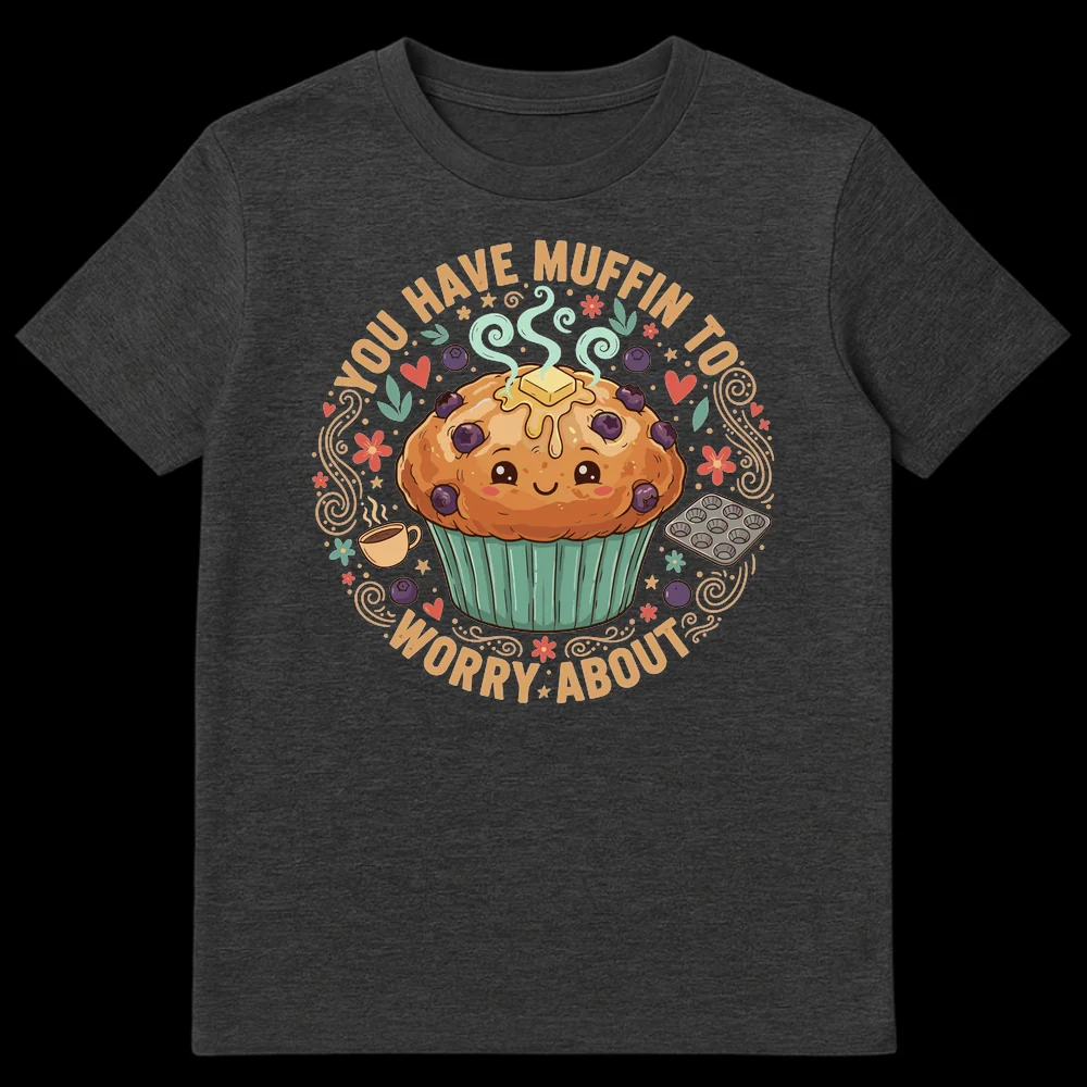 Cute anthropomorphic blueberry muffin t-shirt with 'YOU HAVE MUFFIN TO WORRY ABOUT' pun text, surrounded by coffee and baking elements on a black background. on Dark Heather t-shirt