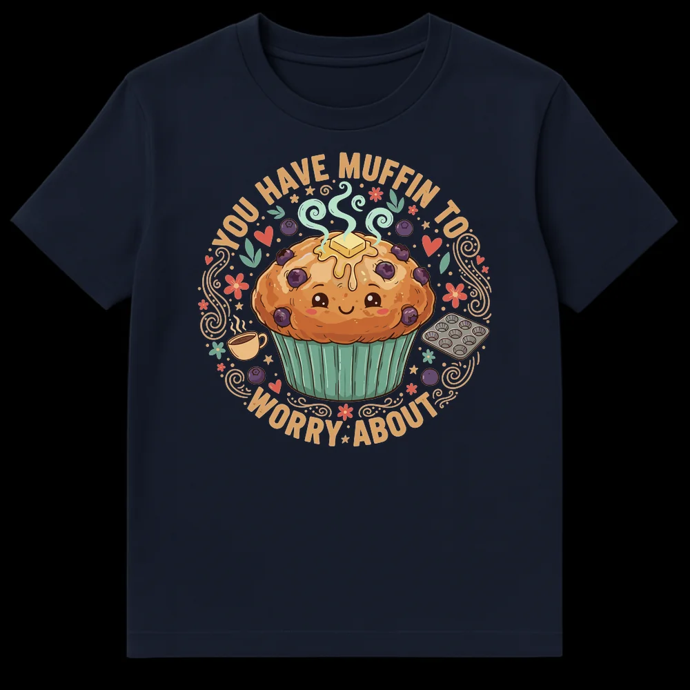 Cute anthropomorphic blueberry muffin t-shirt with 'YOU HAVE MUFFIN TO WORRY ABOUT' pun text, surrounded by coffee and baking elements on a black background. on Navy Blue t-shirt