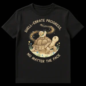 Whimsical tortoise and snail t-shirt with 'SHELL-EBRATE PROGRESS, NO MATTER THE PACE' text and sparkling trail. on Black t-shirt
