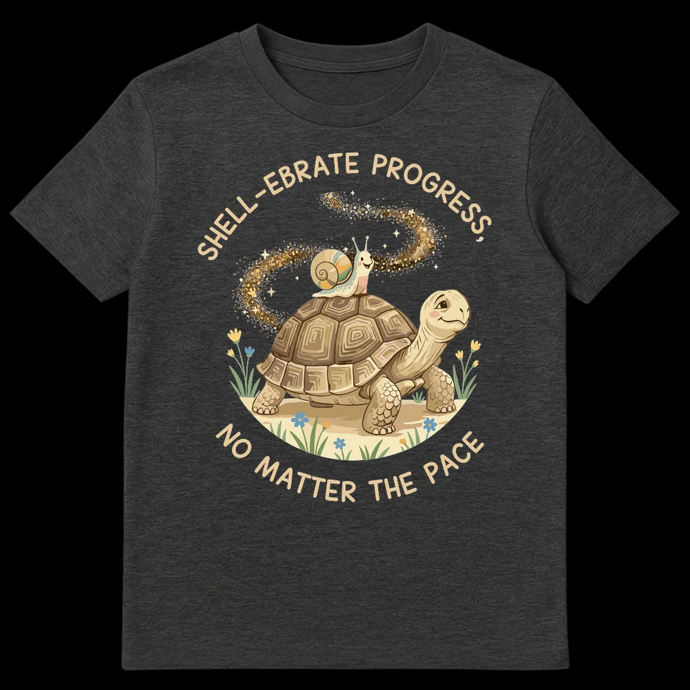 Whimsical tortoise and snail t-shirt with 'SHELL-EBRATE PROGRESS, NO MATTER THE PACE' text and sparkling trail. on Dark Heather t-shirt