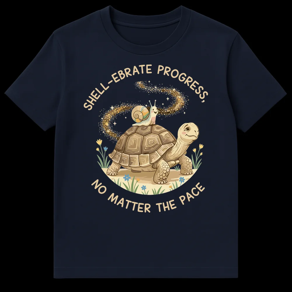 Whimsical tortoise and snail t-shirt with 'SHELL-EBRATE PROGRESS, NO MATTER THE PACE' text and sparkling trail. on Navy Blue t-shirt