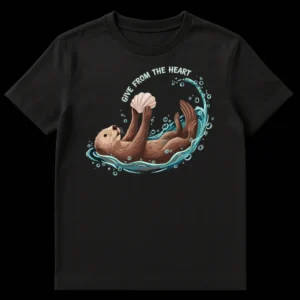 Sea Otter 'Give From The Heart' T-Shirt Design with Shell and Water Bubbles on Black t-shirt