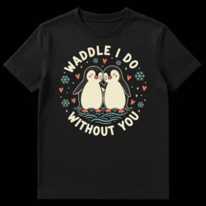 Cute 'Waddle I Do Without You' penguin t-shirt with two cartoon penguins, hearts, and snowflakes. on Black t-shirt