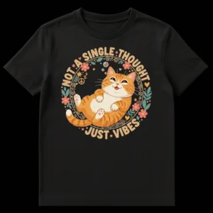 Chubby orange tabby cat t-shirt design with 'Not a Single Thought Just Vibes' text, surrounded by boho flowers and stars on a black background. on Black t-shirt