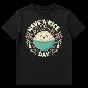 Cute black t-shirt with a Kawaii personified rice bowl and chopsticks, surrounded by decorative elements and the text 'HAVE A RICE DAY' in a punny style. on Black t-shirt