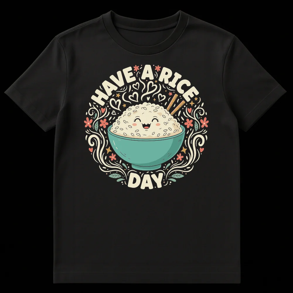 Cute black t-shirt with a Kawaii personified rice bowl and chopsticks, surrounded by decorative elements and the text 'HAVE A RICE DAY' in a punny style. on Black t-shirt