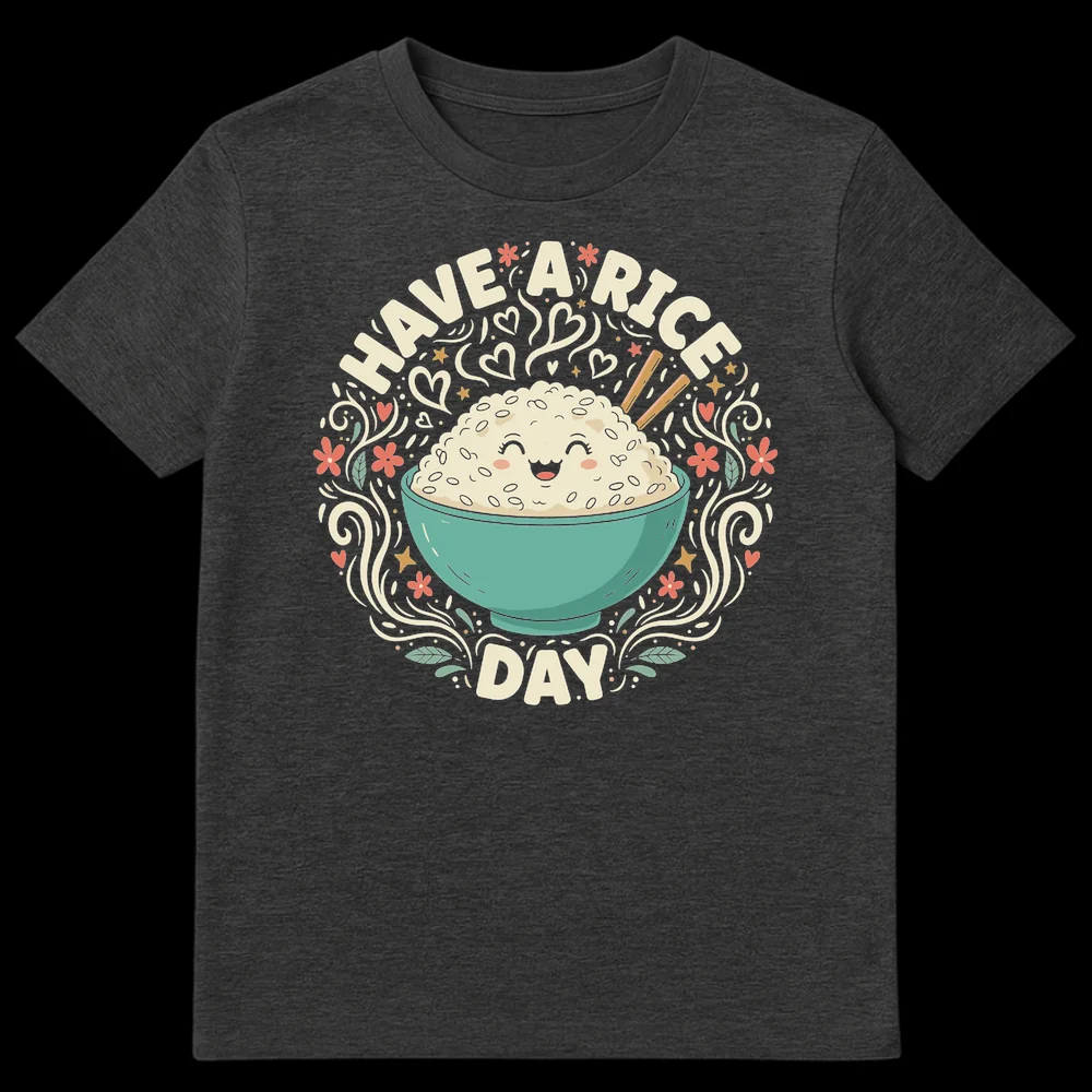 Cute black t-shirt with a Kawaii personified rice bowl and chopsticks, surrounded by decorative elements and the text 'HAVE A RICE DAY' in a punny style. on Dark Heather t-shirt