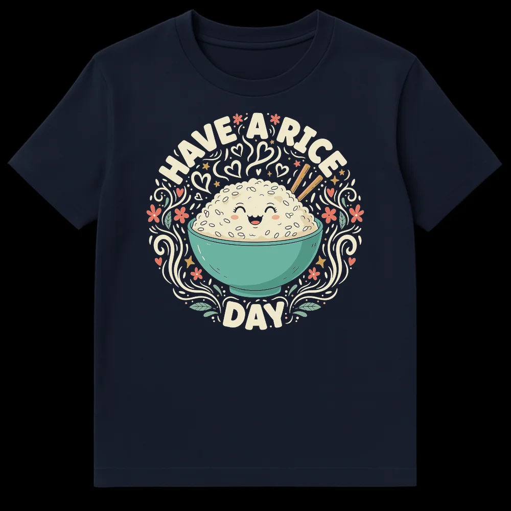 Cute black t-shirt with a Kawaii personified rice bowl and chopsticks, surrounded by decorative elements and the text 'HAVE A RICE DAY' in a punny style. on Navy Blue t-shirt