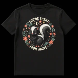 Cute baby skunk t-shirt with floral wreath and 'YOU'RE SCENT FROM ABOVE' pun text on black background on Black t-shirt