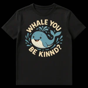 Cute cartoon whale t-shirt with 'WHALE YOU BE KIND?' pun text in a playful arc, surrounded by water splashes on a black background on Black t-shirt