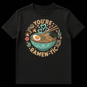 YOU'RE RAMEN-TIC t-shirt featuring a cute cartoon ramen bowl with hearts, chopsticks, and floral accents on a black background on Black t-shirt