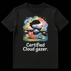 Certified Cloud Gazer t-shirt featuring a person lying in grass watching imaginative animal silhouettes in multi-colored clouds against a black background. on Black t-shirt