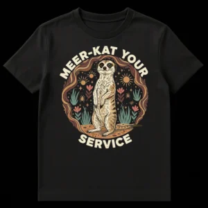 MEER-KAT YOUR SERVICE t-shirt with a detailed meerkat illustration, whimsical desert plants, suns, and beetles in an earthy color palette on a black background. on Black t-shirt