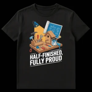 Half Finished Fully Proud t-shirt with a detailed cartoon workbench, birdhouse, and tools. Ideal for DIY and craft lovers. on Black t-shirt