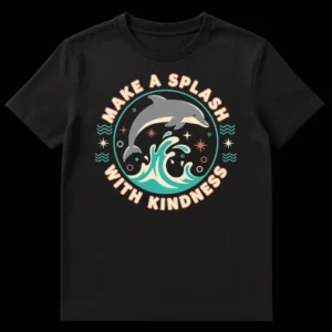Retro cartoon dolphin leaps with 'Make a Splash With Kindness' text on a black t-shirt, surrounded by waves and stars on Black t-shirt