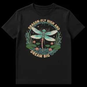 Dragonfly Fly High Dream Big T-Shirt with nature art, lily pads, and lotus flowers in a vintage style on Black t-shirt