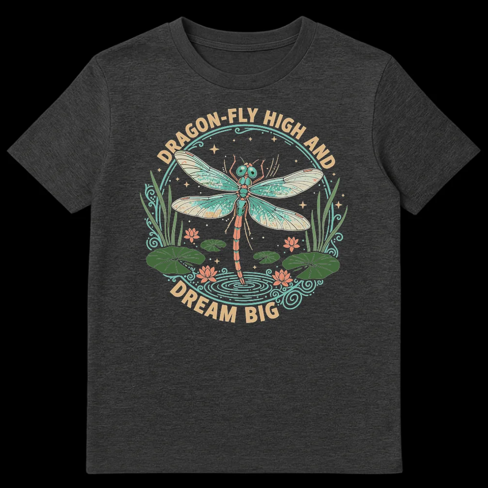 Dragonfly Fly High Dream Big T-Shirt with nature art, lily pads, and lotus flowers in a vintage style on Dark Heather t-shirt