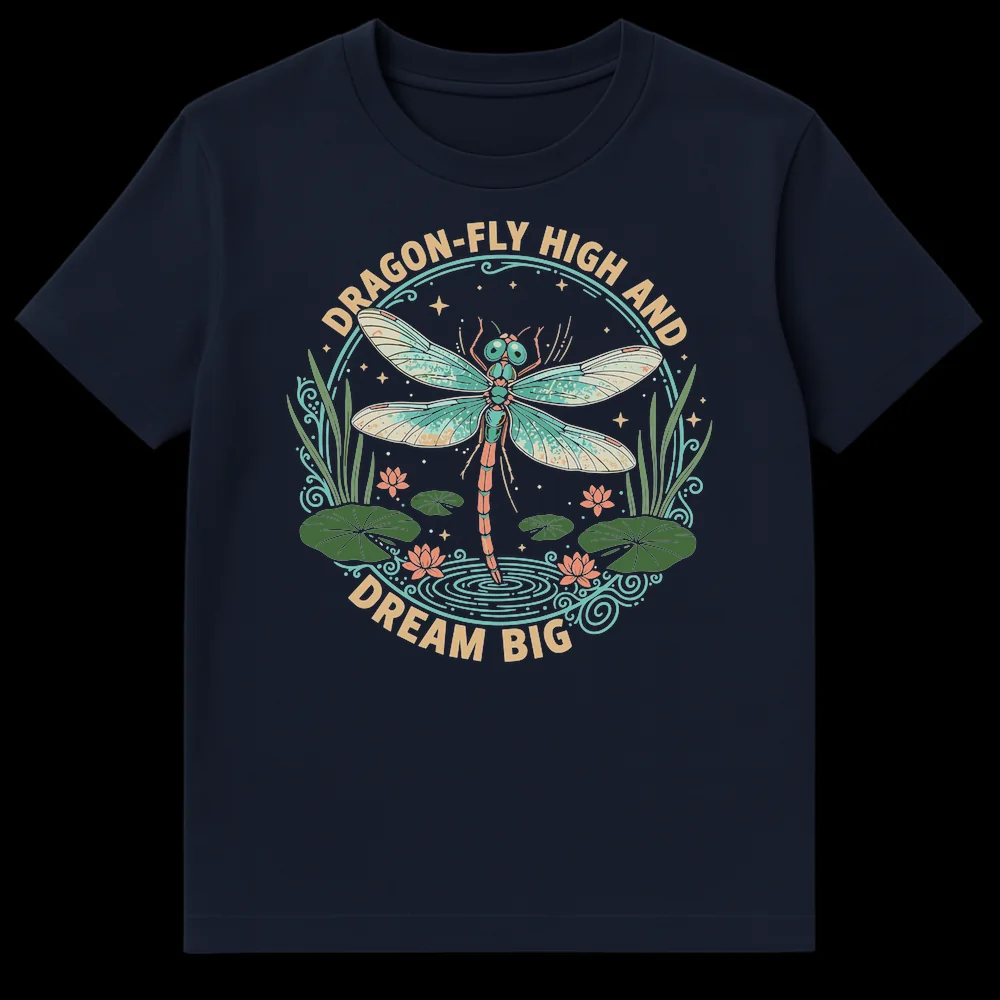 Dragonfly Fly High Dream Big T-Shirt with nature art, lily pads, and lotus flowers in a vintage style on Navy Blue t-shirt