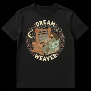 Dream Weaver t-shirt featuring a whimsical design of a woman weaving a fantastical landscape with floating islands, stars, and flowers in an earthy, folk art style. on Black t-shirt