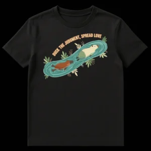 Capybara 'Duck the Judgment Spread Love' T-Shirt Design with two capybaras swimming on Black t-shirt