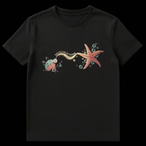 Black t-shirt with 'You're Still A Star, Just Regrowing' text, featuring a broken human figure connecting to a starfish with bubbles. on Black t-shirt
